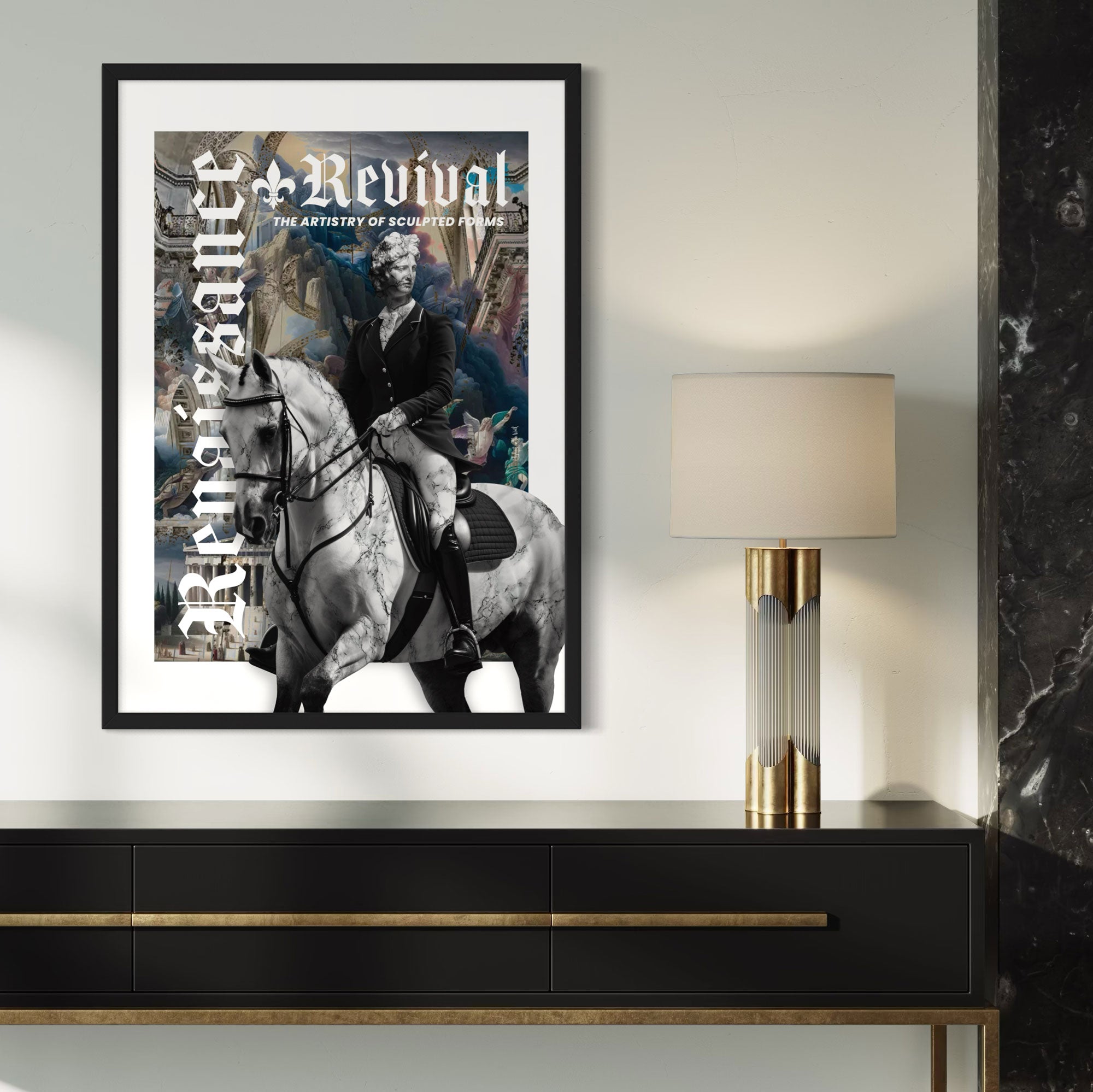 Framed artwork of a person on horseback with 'Renaissance' text, placed above a black console table with a lamp.