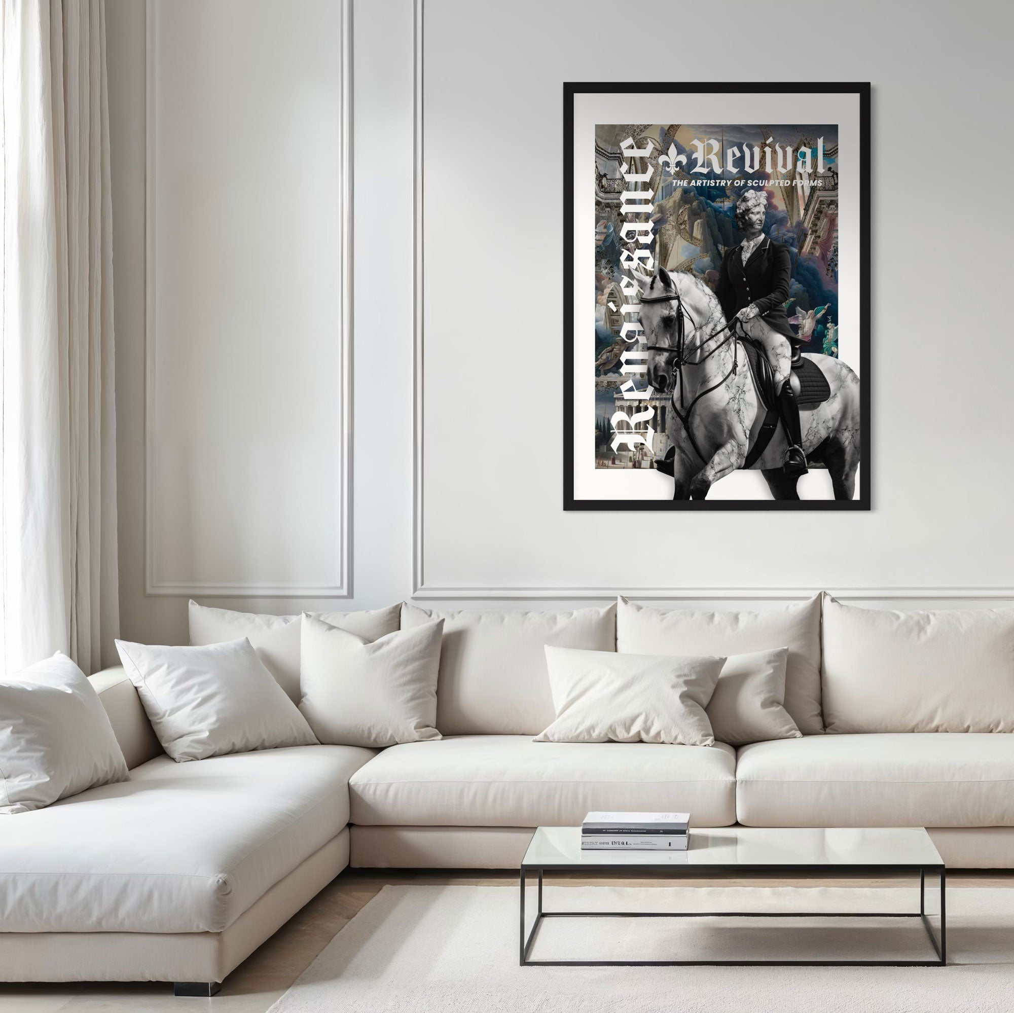 Framed artwork above a white sofa in a living room