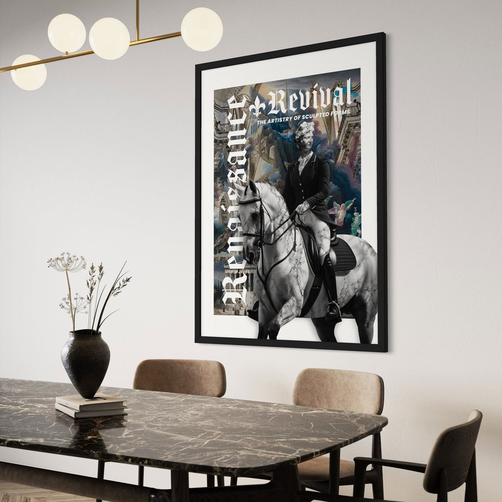 Framed artwork of a person on horseback with 'Renaissance Revival' text in a modern interior setting.