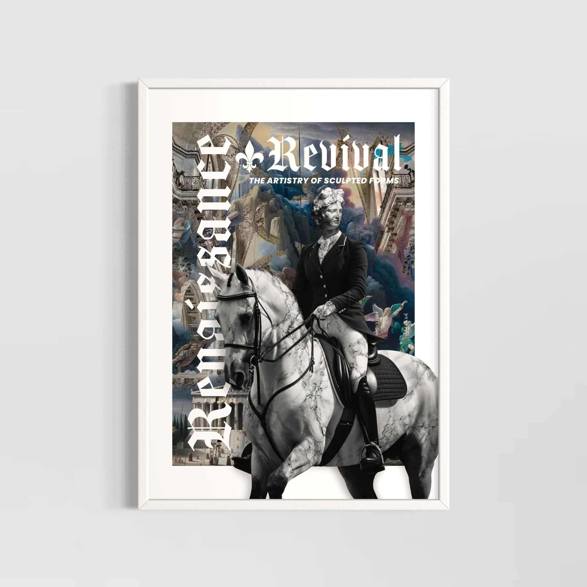 Framed artwork with a person on a horse, text, and abstract elements on a multicolored background