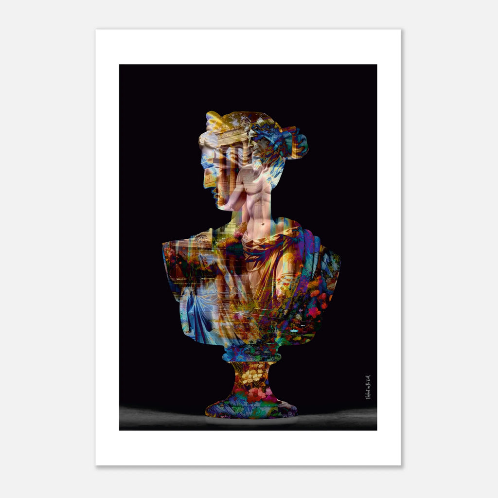 Her Hellenism Wall Art Print featuring a colorful overlay of a traditional bust in modern art style.