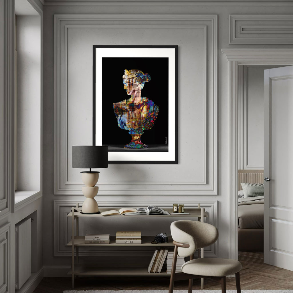 Her Hellenism Wall Art Print displayed in a modern interior with a bust and colorful overlay.