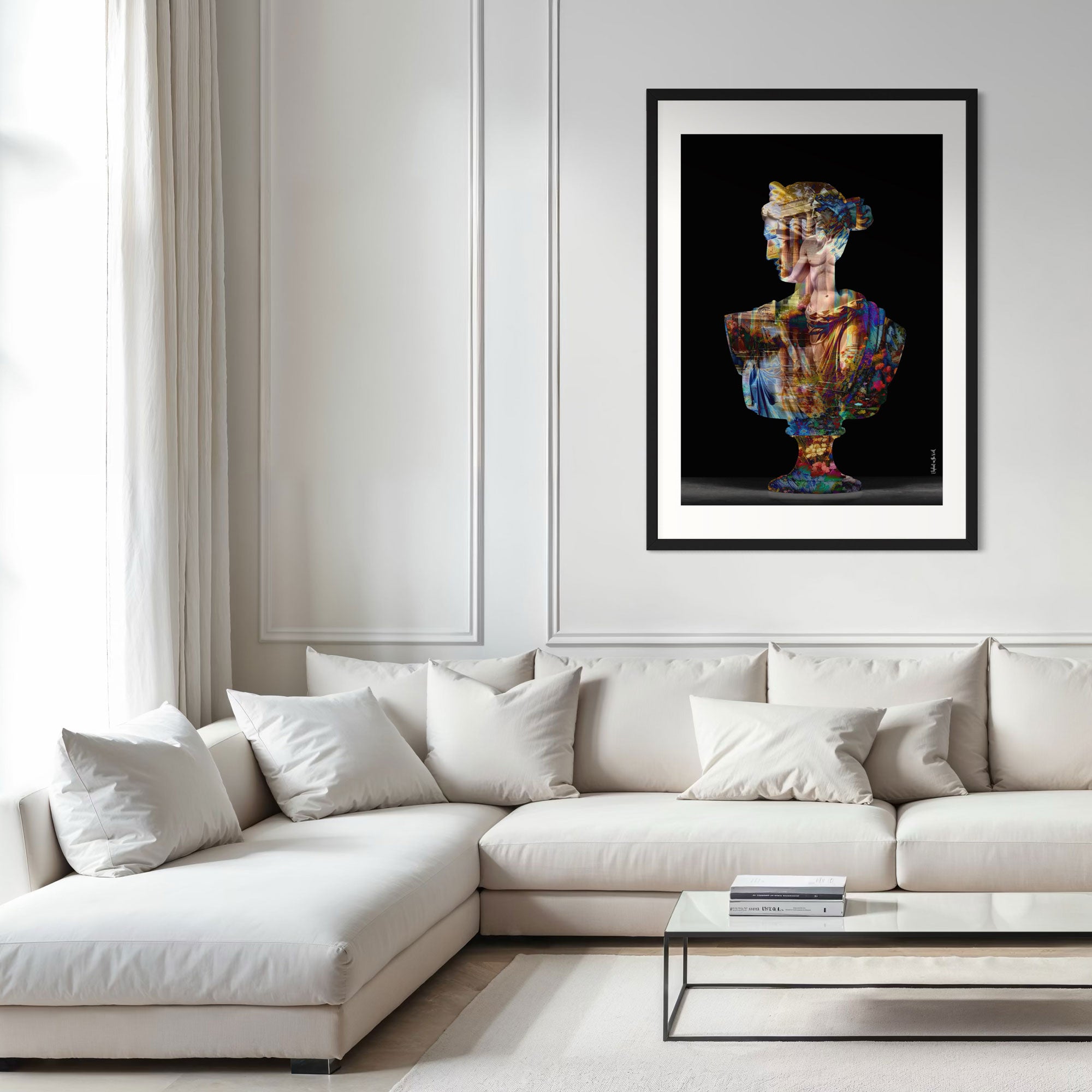 Her Hellenism Wall Art Print displayed in a modern living room setting featuring a colorful bust.