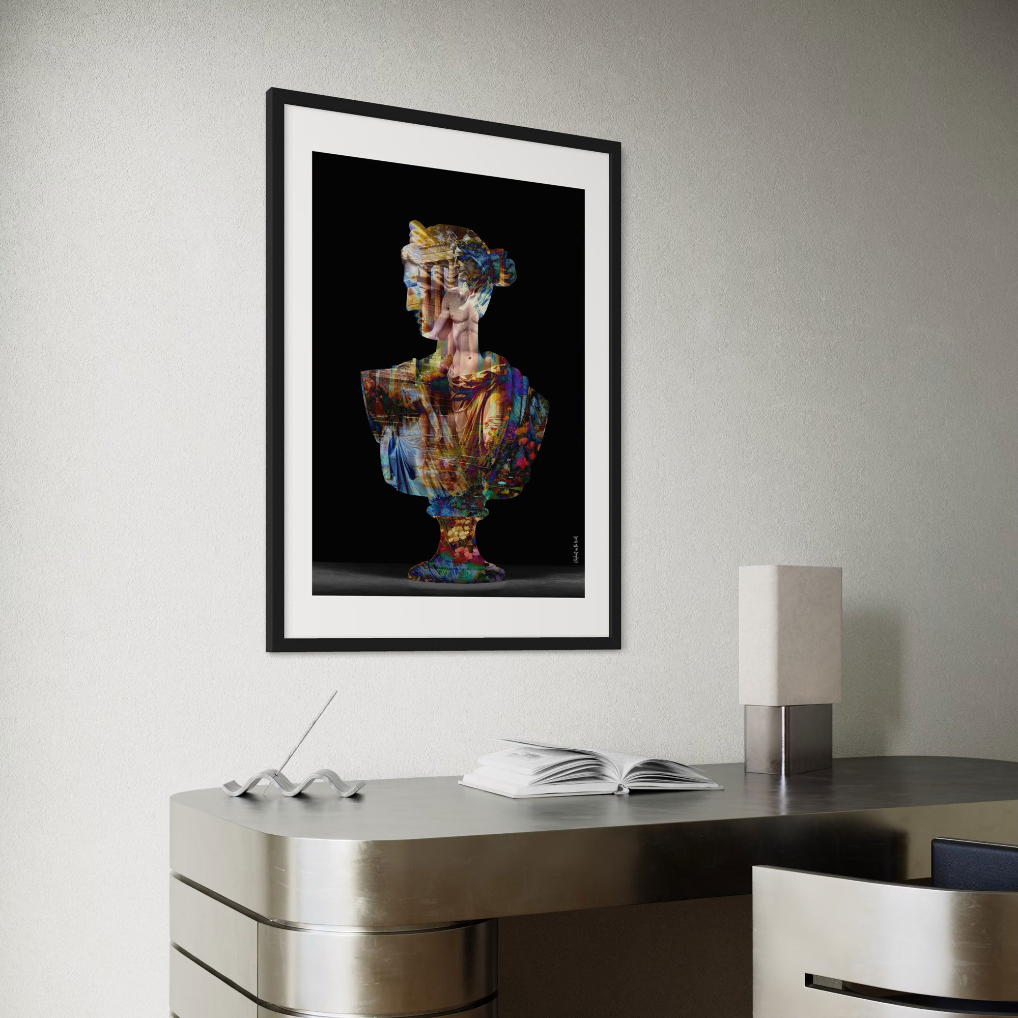 Her Hellenism Wall Art Print displayed in a modern office setting with colorful overlay bust design.