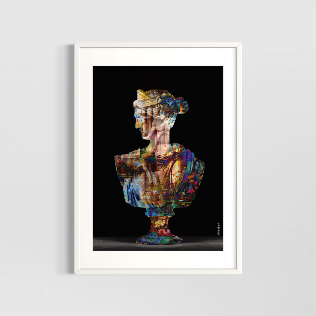 Her Hellenism Wall Art Print featuring a colorful bust overlay in modern art style.