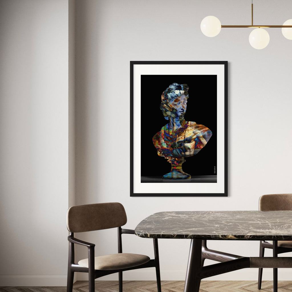 His Hellenism Wall Art Print featuring a colorful sculpture in a modern interior setting.
