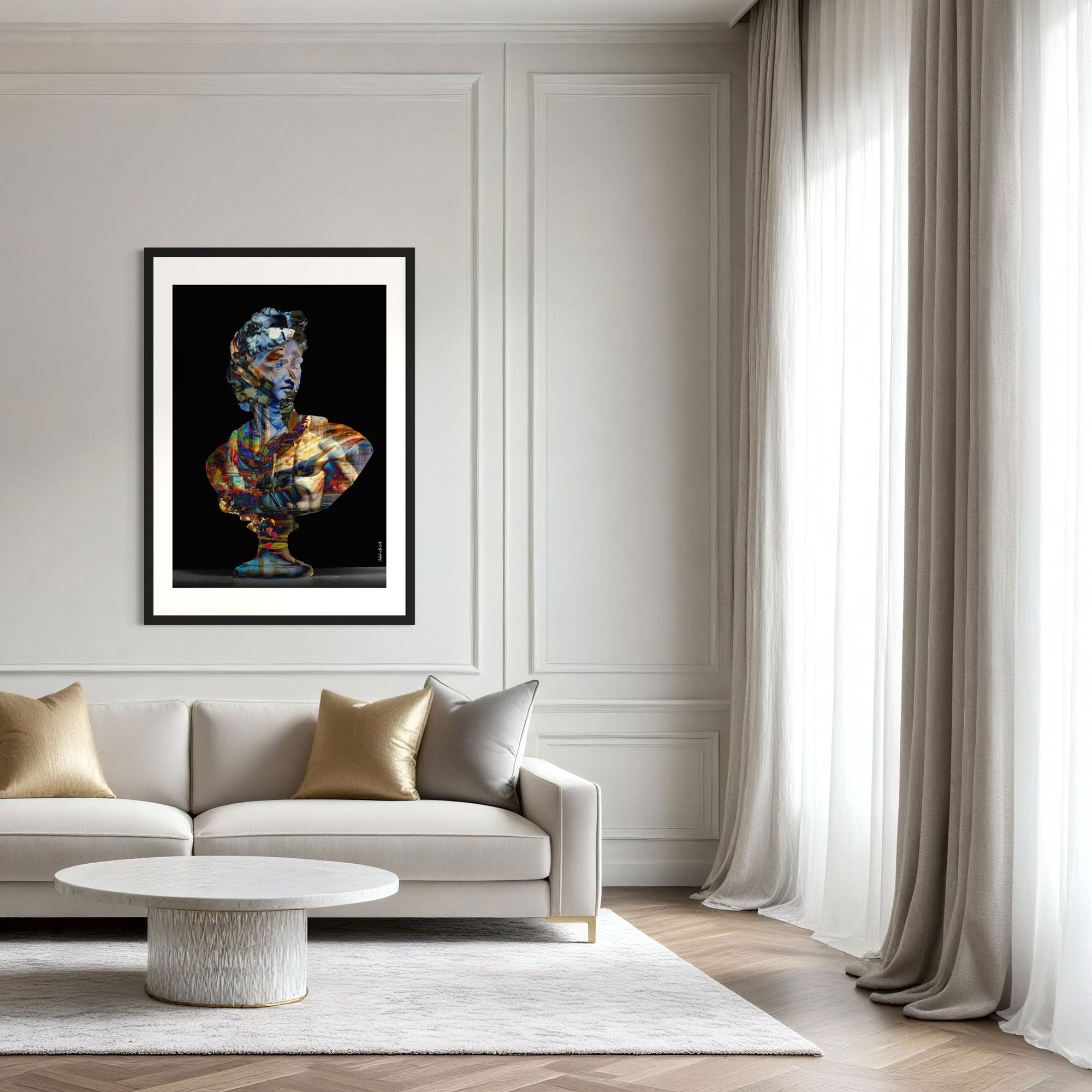 His Hellenism Wall Art Print displayed in a modern living room with neutral decor and elegant furniture.