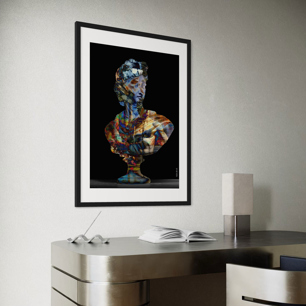 His Hellenism Wall Art Print featuring a vibrant sculpture in a modern interior setting.