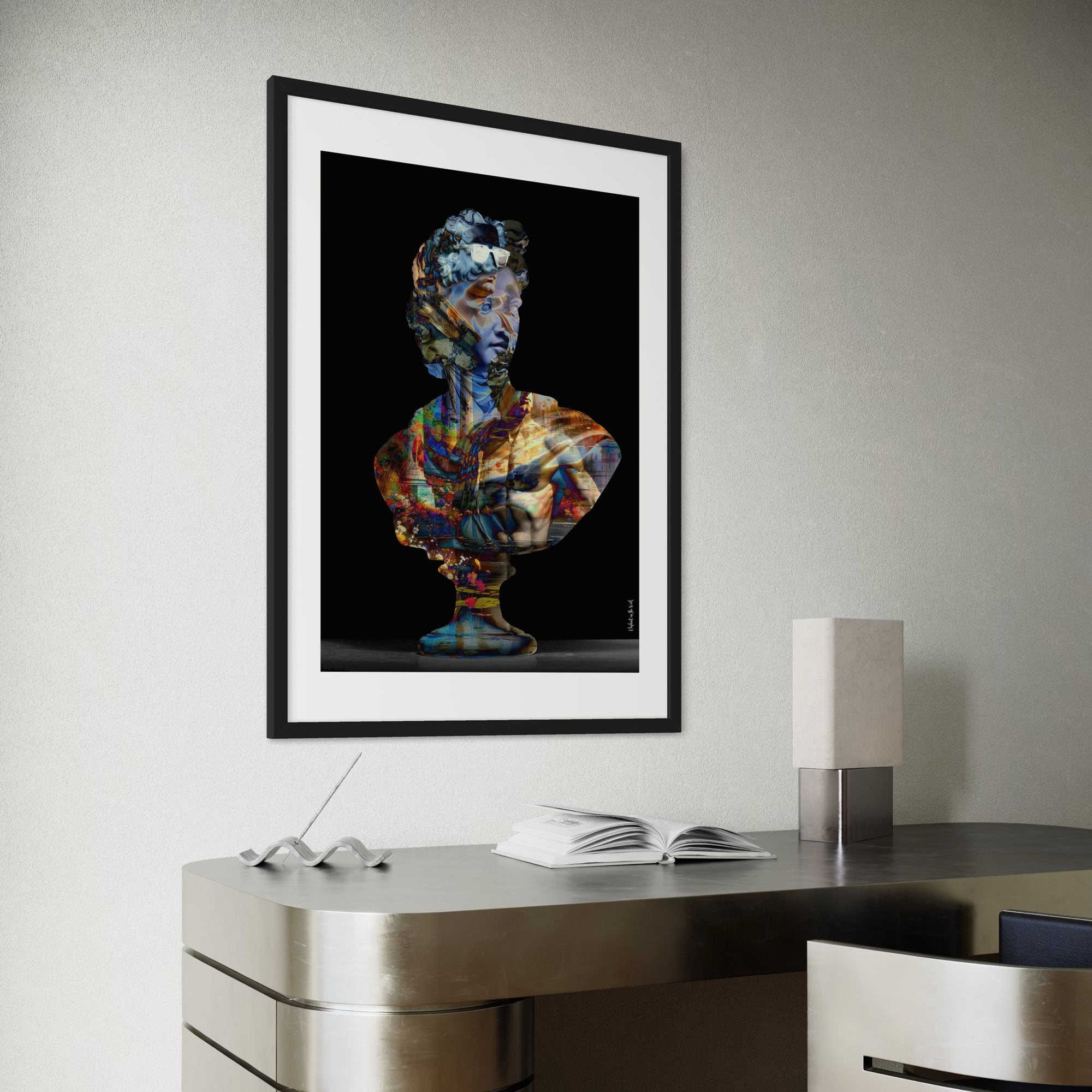 His Hellenism Wall Art Print featuring a vibrant sculpture in a modern interior setting.