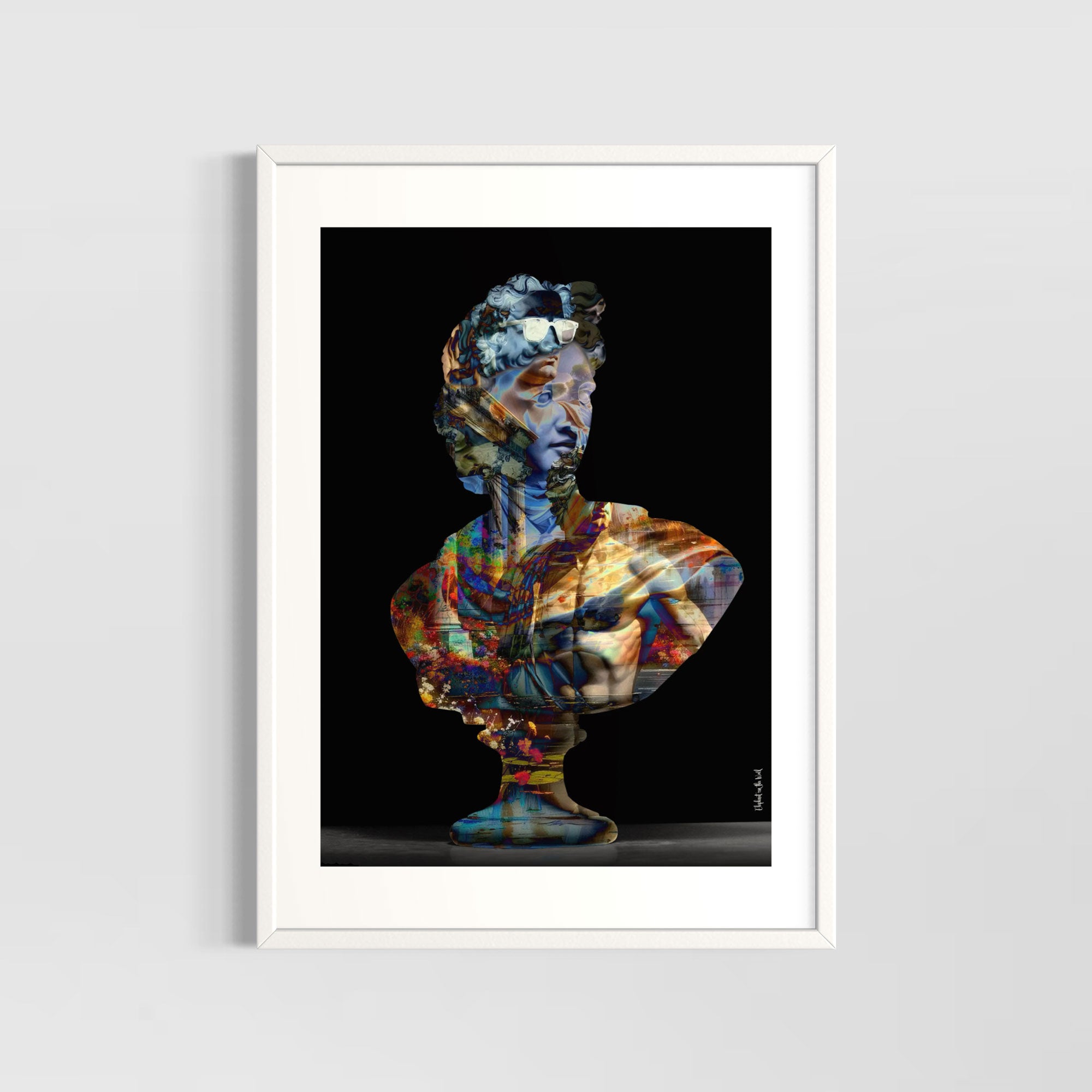 His Hellenism Wall Art Print featuring a vibrant abstract sculpture of a bust.