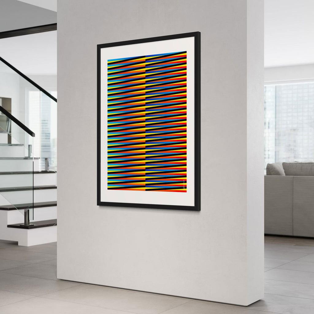 Idea 01 Wall Art Poster featuring dynamic stripes in colorful hues, designed by Christopher Haus, on display in a modern interior.