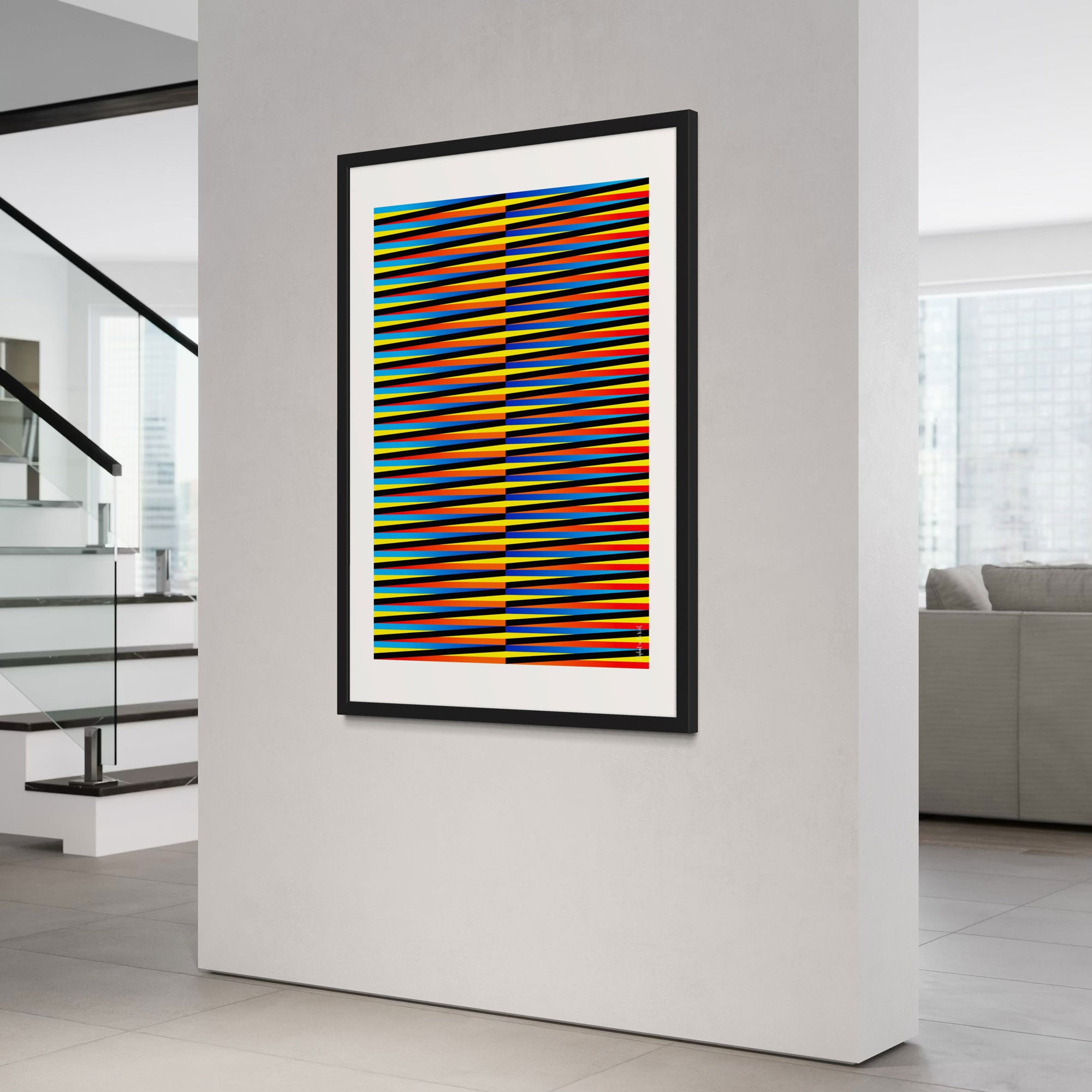 Idea 01 Wall Art Poster featuring dynamic stripes in colorful hues, designed by Christopher Haus, on display in a modern interior.