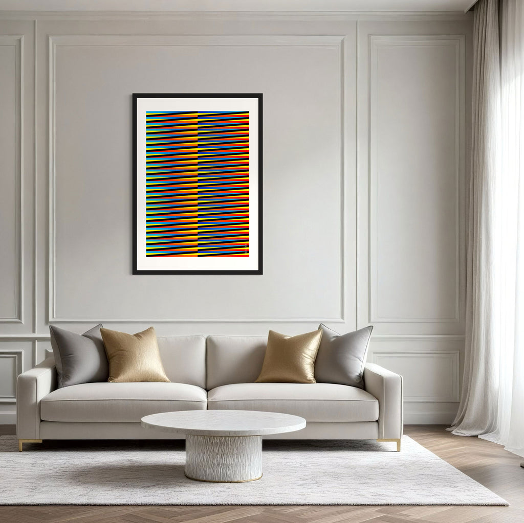 Idea 01 Wall Art Poster displayed in a modern living room, featuring dynamic stripes and colorful hues.