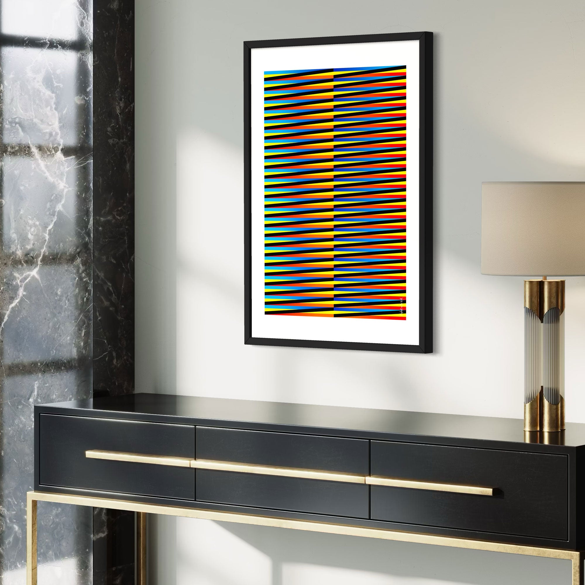 Idea 01 Wall Art Poster featuring dynamic colorful stripes in a modern living room setting.