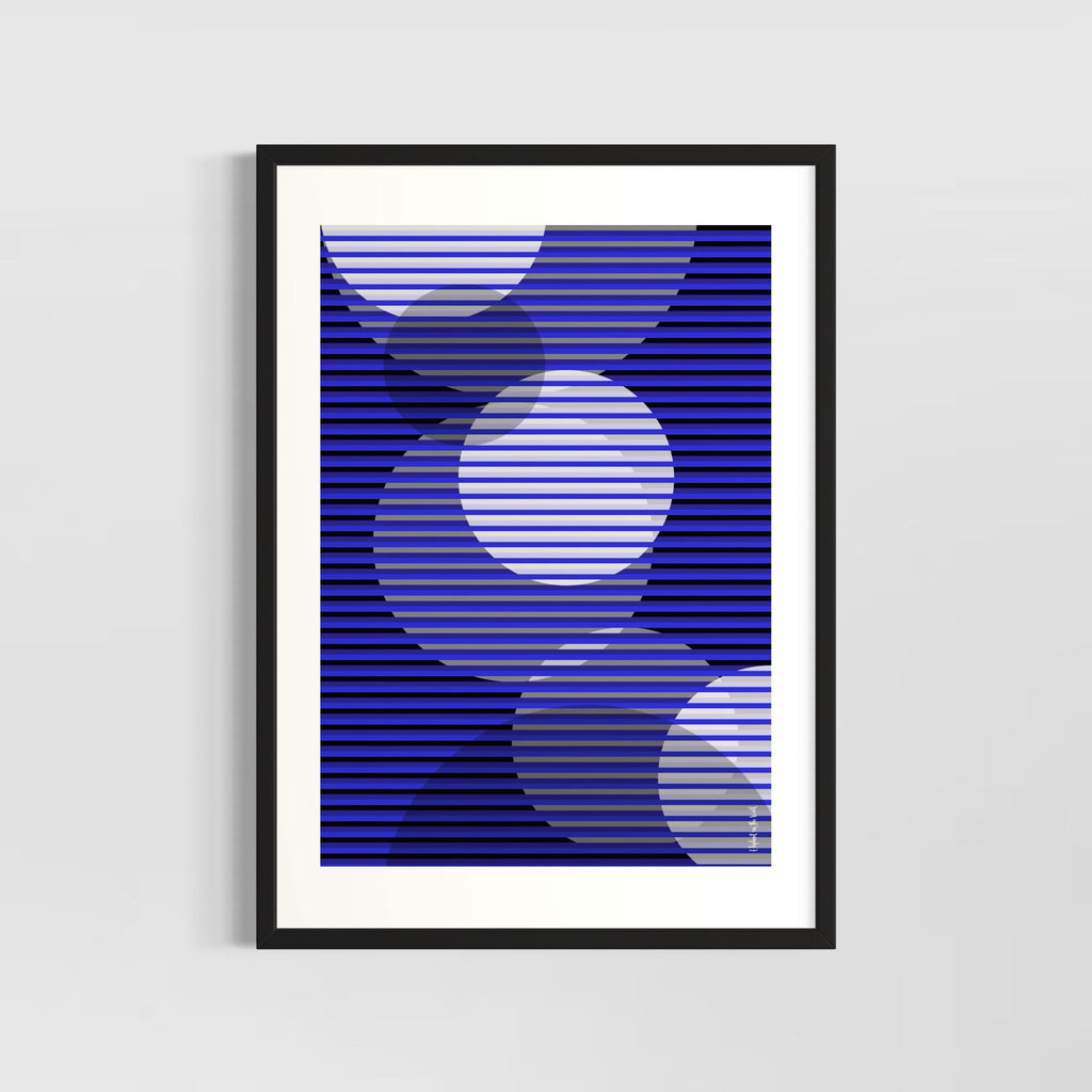 Idea 02 Wall Art Poster featuring dynamic stripes and circular patterns in blue hues.