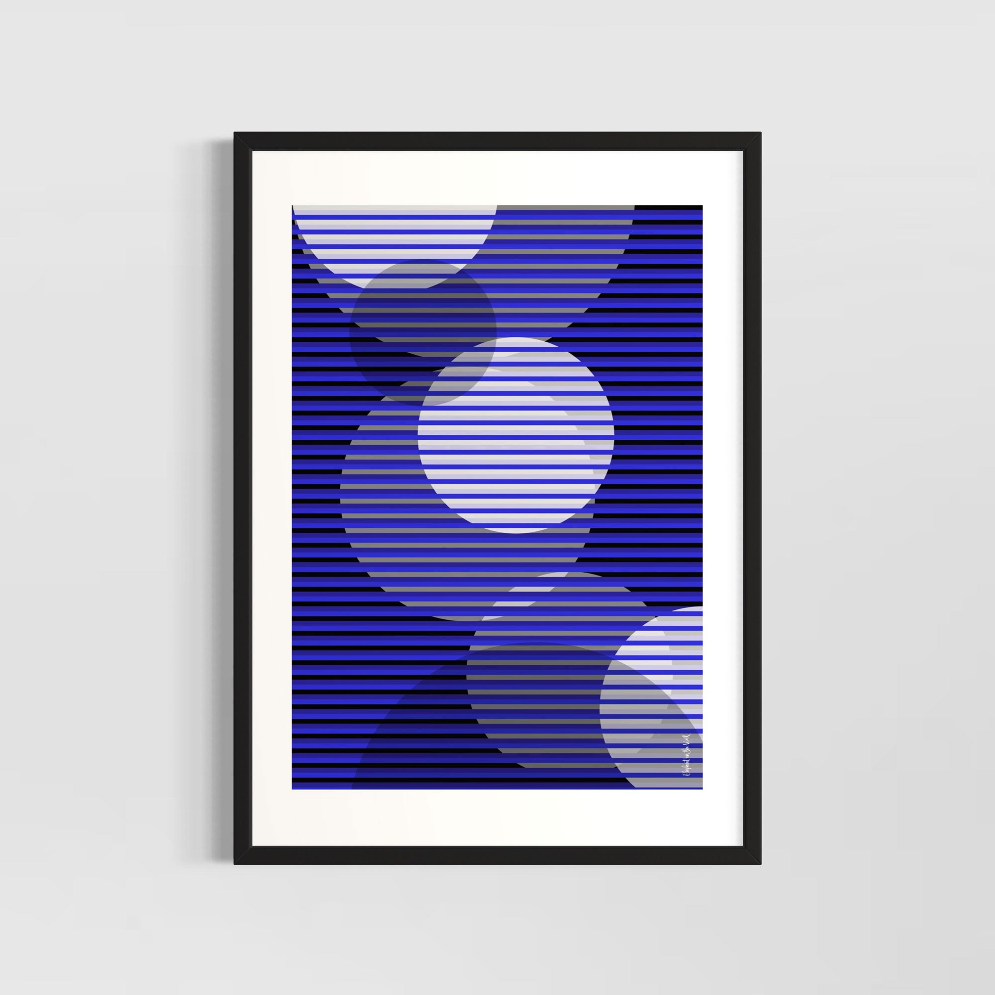 Idea 02 Wall Art Poster featuring dynamic stripes and circular patterns in blue hues.