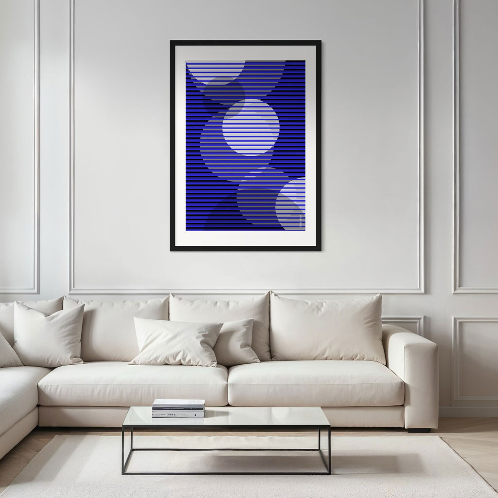 Idea 02 Wall Art Poster featuring dynamic blue stripes and circular patterns, enhancing modern interior decor.