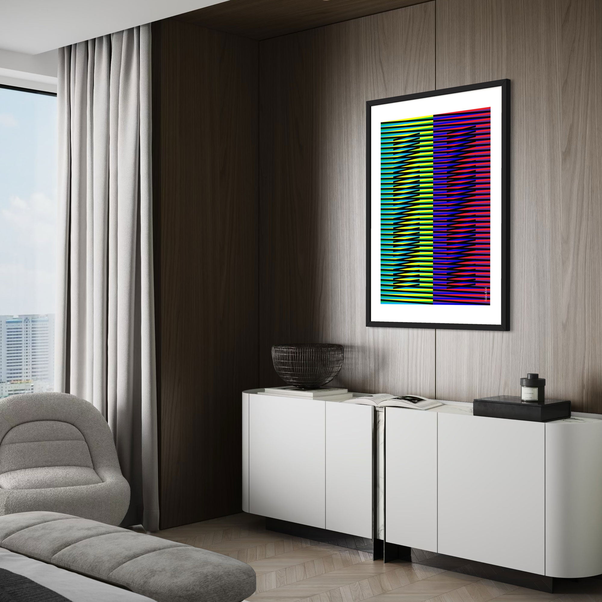 Idea 04 Wall Art Poster featuring dynamic zigzag patterns in vibrant colors, displayed in a modern living space.