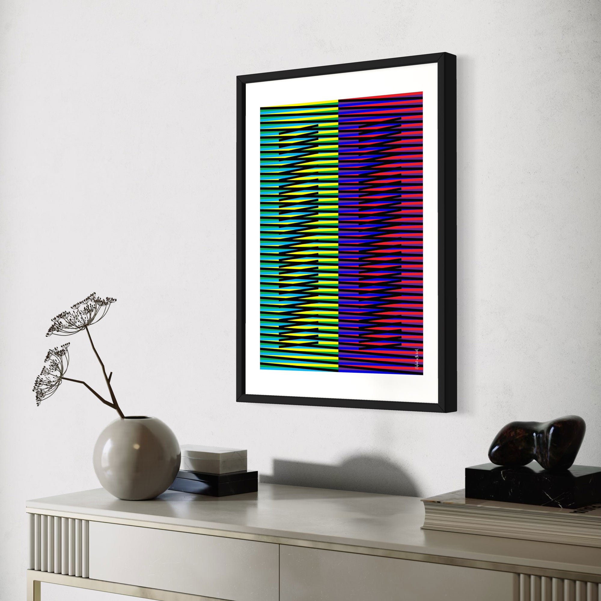 Idea 04 Wall Art Poster featuring vibrant zigzag colors and lines in a modern interior setting.