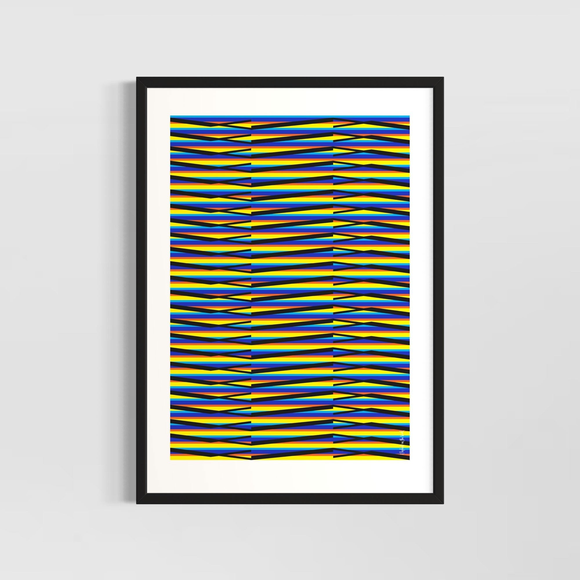 Idea 05 Wall Art Poster featuring vibrant lines in blue, yellow, and red, inspired by Venezuelan Kineticism.