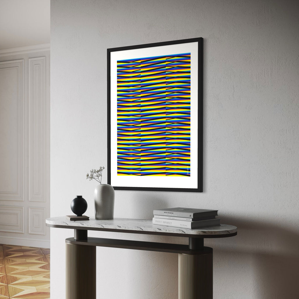 Idea 05 Wall Art Poster featuring vibrant lines and dynamic colors, inspired by Venezuelan Kineticism, displayed on a wall.