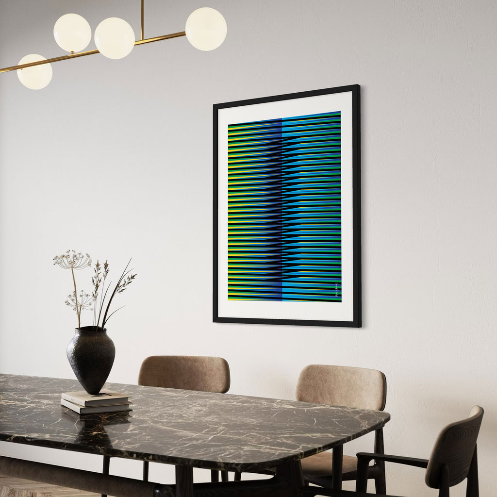 Idea 07 Wall Art Poster featuring dynamic green and blue stripes in a modern dining room setting.