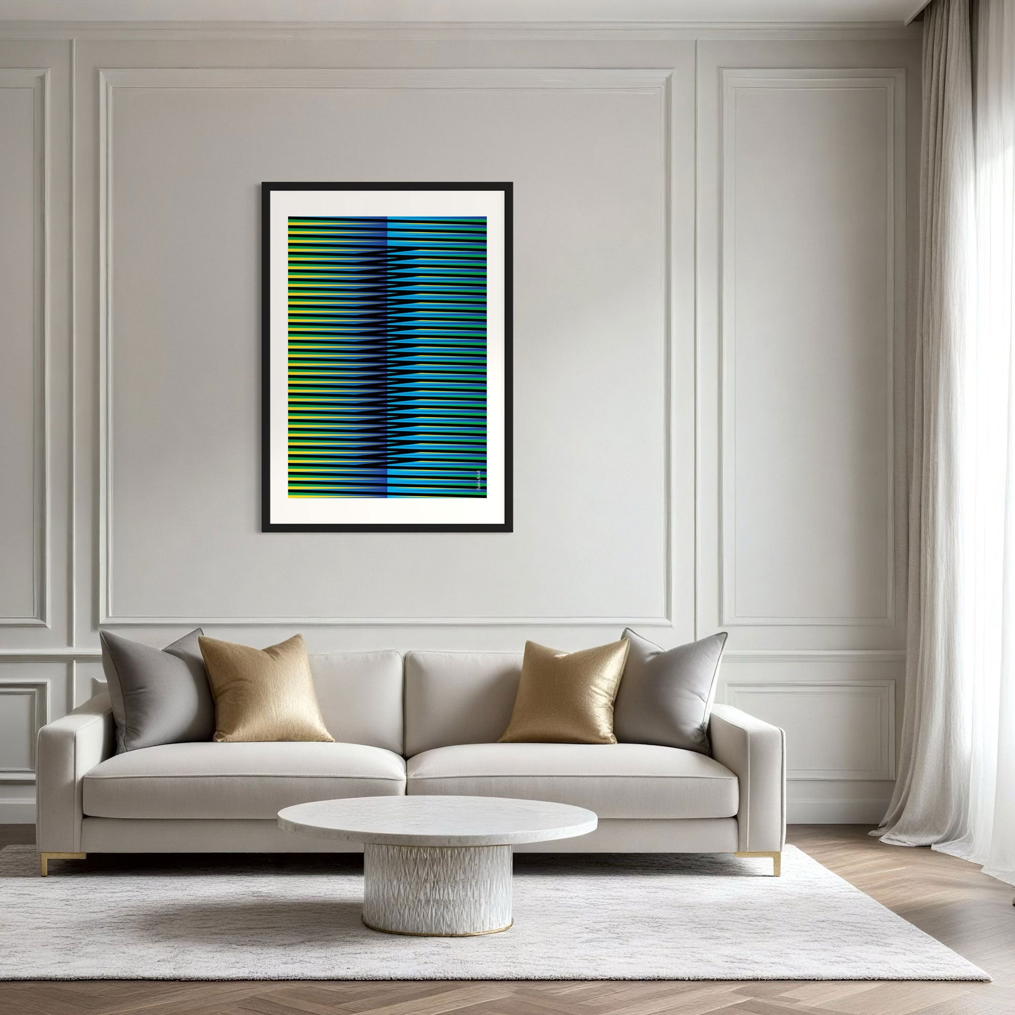 Idea 07 Wall Art Poster featuring dynamic stripes in greens and blues, enhancing modern living spaces.