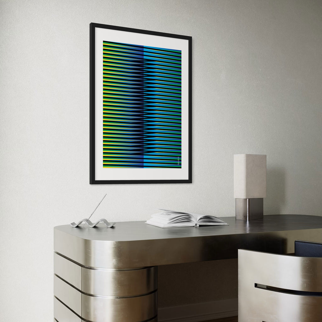 Idea 07 Wall Art Poster featuring dynamic green and blue stripes in a modern office setting.