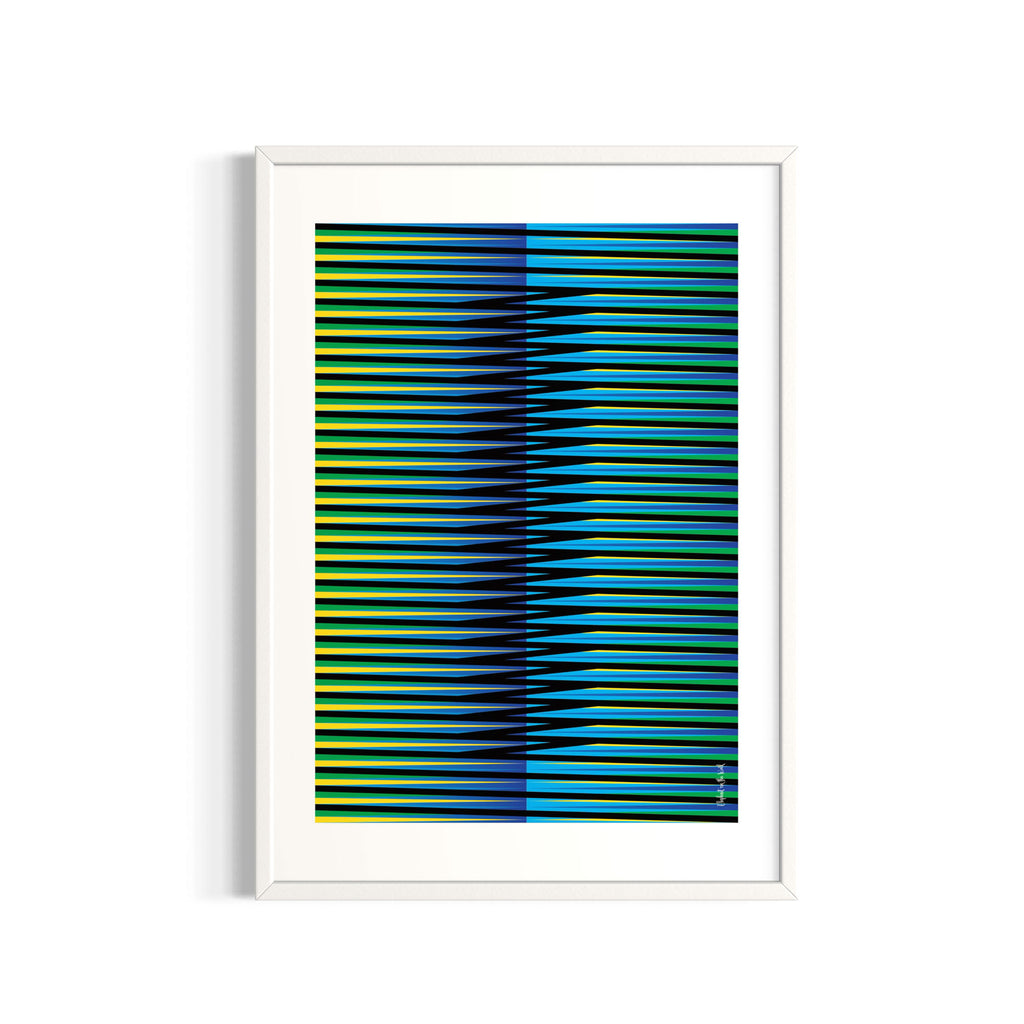 Idea 07 Wall Art Poster featuring dynamic green and blue striped patterns in a sleek frame.