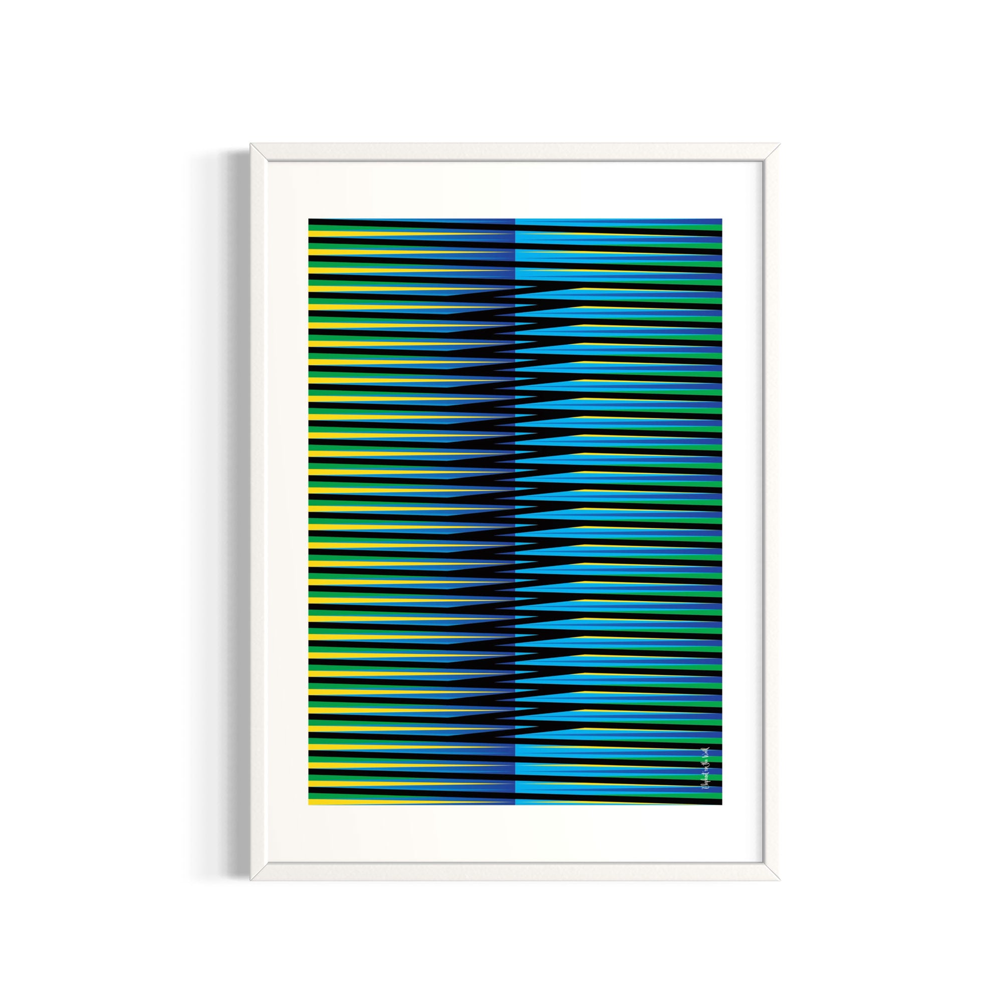 Idea 07 Wall Art Poster featuring dynamic green and blue striped patterns in a sleek frame.
