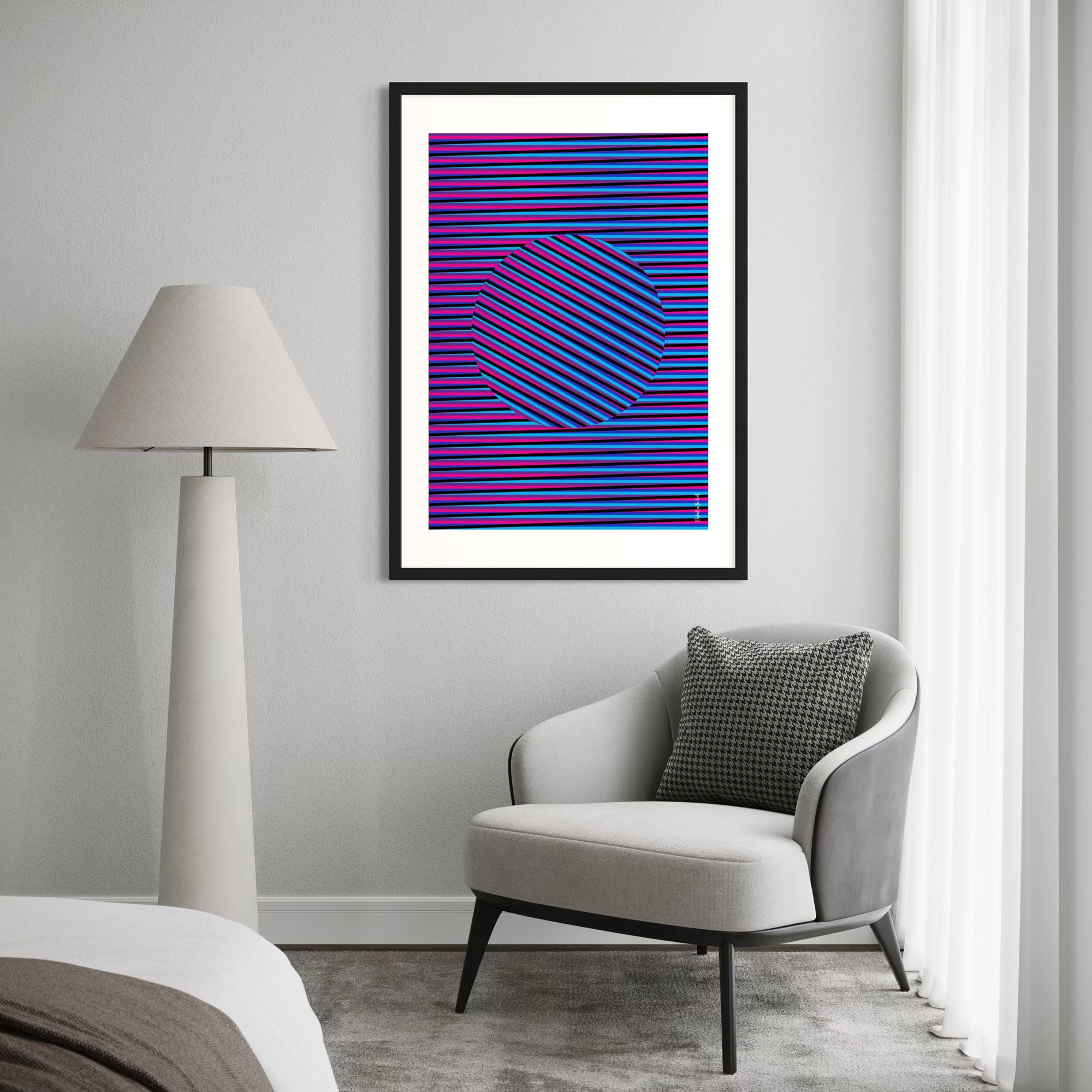 Idea 06 Wall Art Poster showcasing vibrant dynamic stripes and circular patterns in a stylish living room setting.