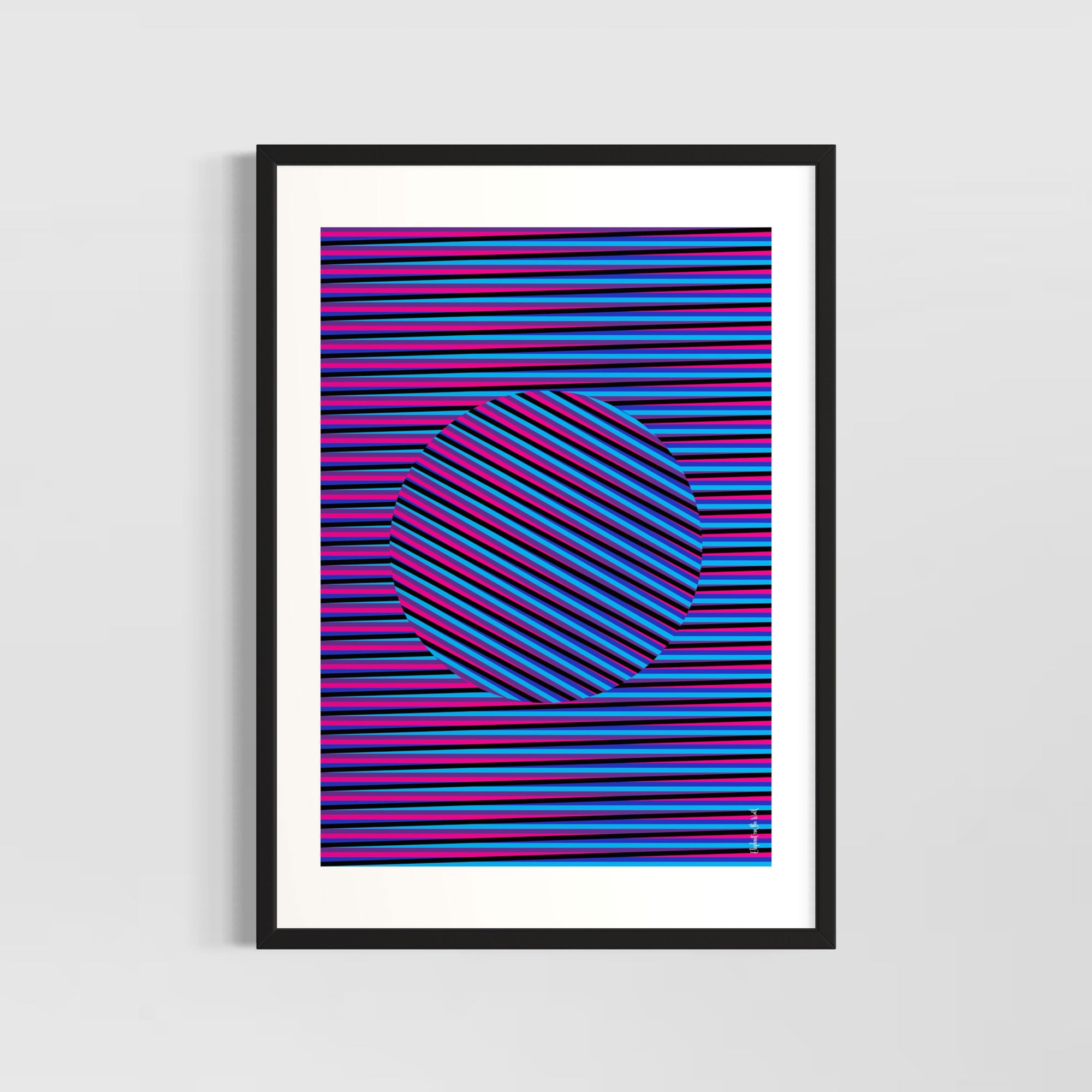 Idea 06 Wall Art Poster featuring dynamic striped patterns in vibrant hues with a blue circle, designed by Christopher Haus.