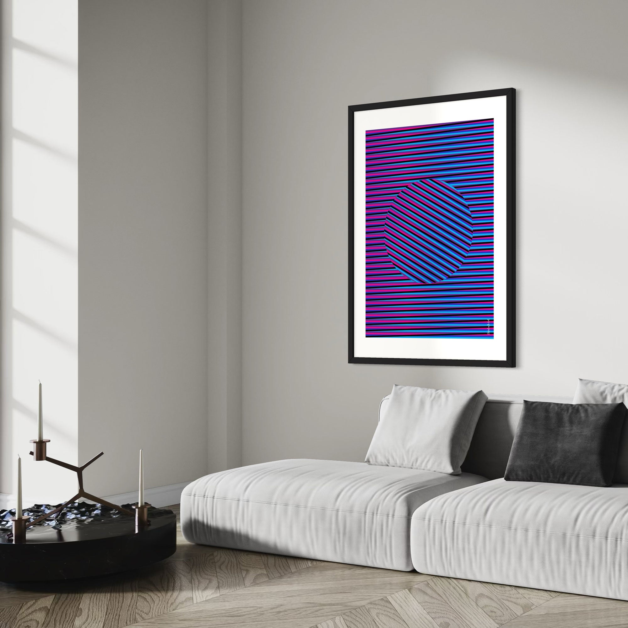 Idea 06 Wall Art Poster featuring dynamic stripes and vibrant hues in a modern living room setting.