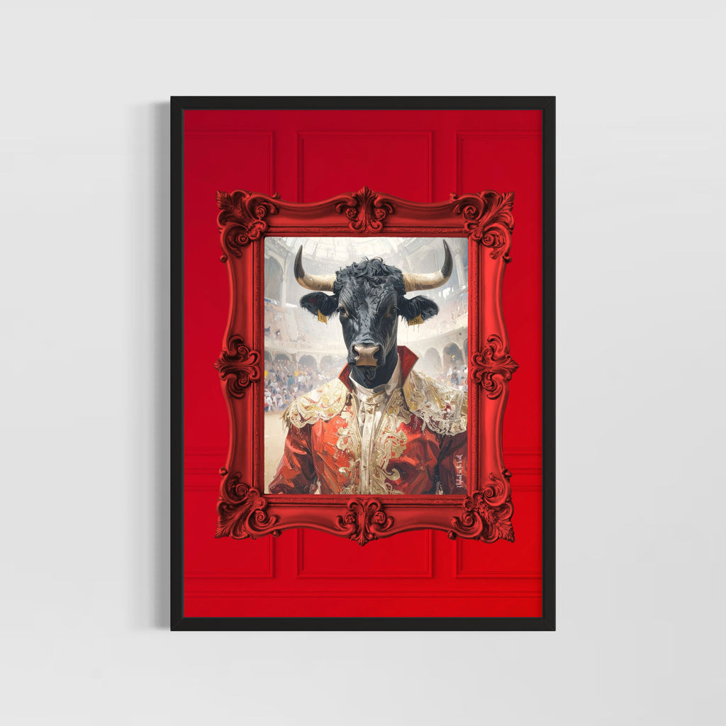 Matador Wall Art Poster featuring a bull in ornate attire against a vibrant red background.