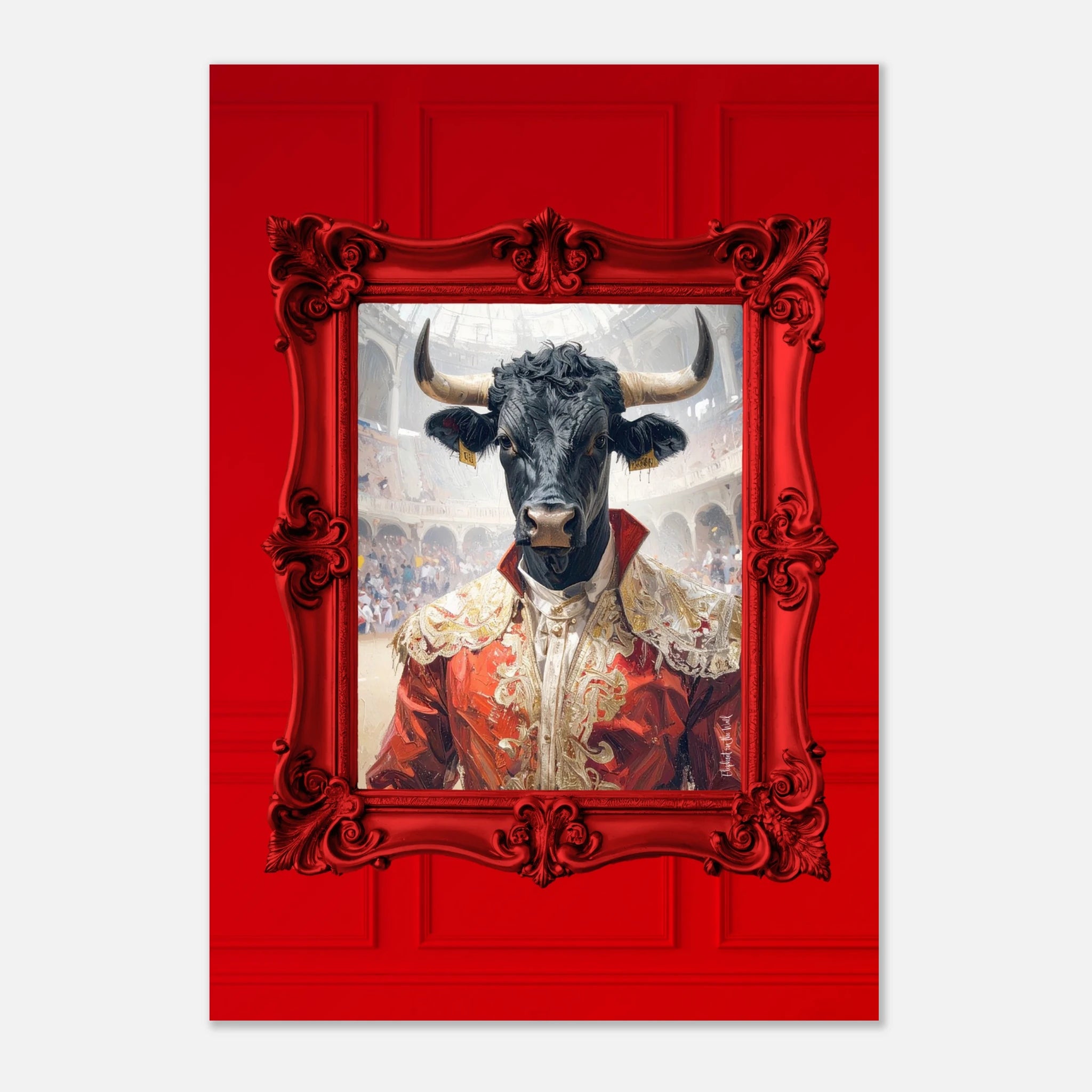 Matador Wall Art Poster featuring a bull in a red ornate frame and traditional Spanish attire.