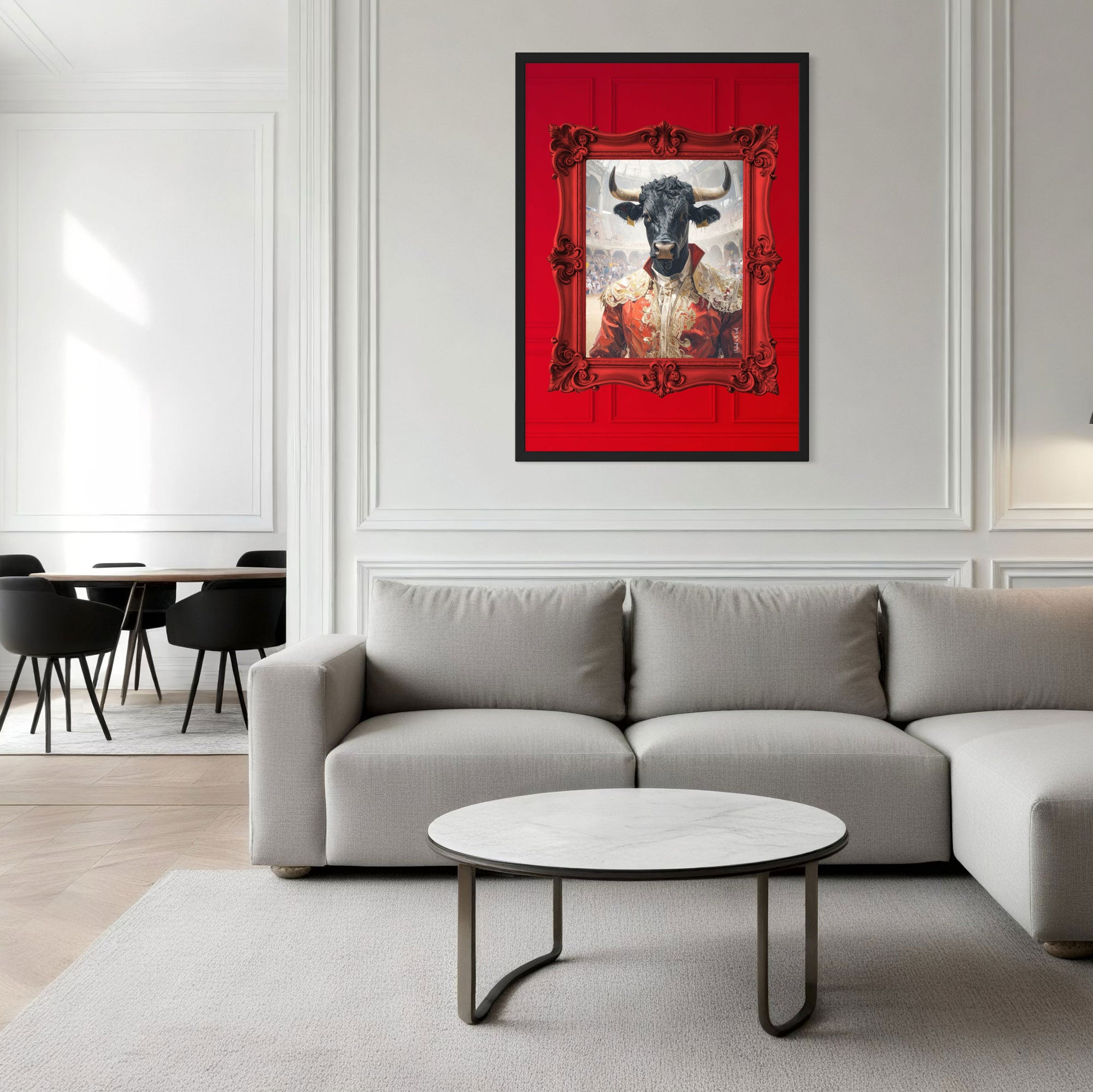 Matador Wall Art Poster framed in red, depicting a bull in ornate attire, enhancing modern living space decor.
