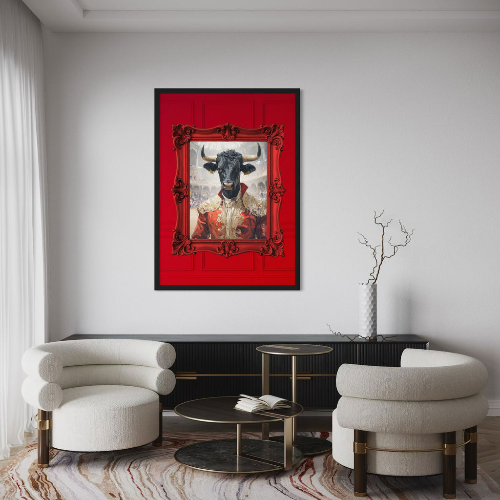 Matador Wall Art Poster displayed in a stylish living room featuring red accents and modern furniture.