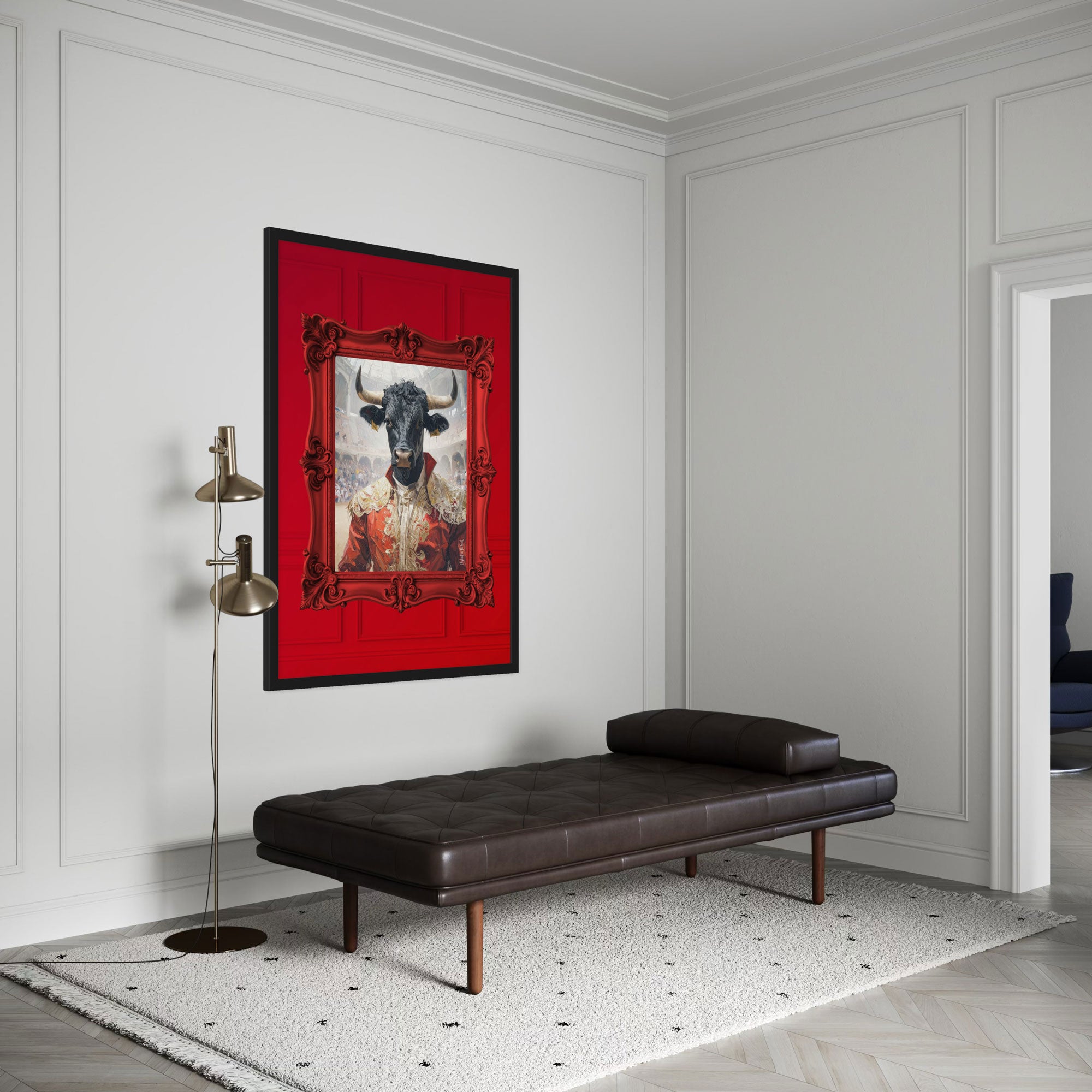 Matador Wall Art Poster displayed in a modern living room featuring a brown sofa and stylish decor.