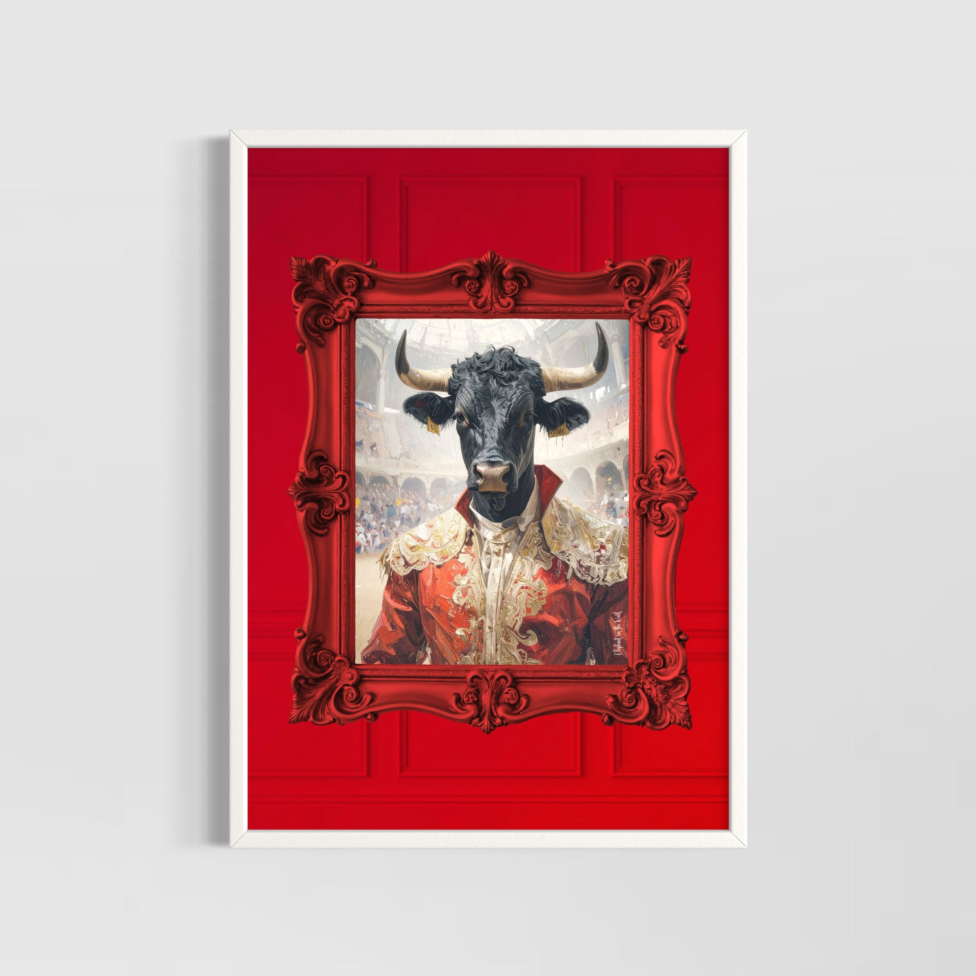 Matador Wall Art Poster featuring a bull dressed in a traditional matador outfit, framed with a decorative red frame.