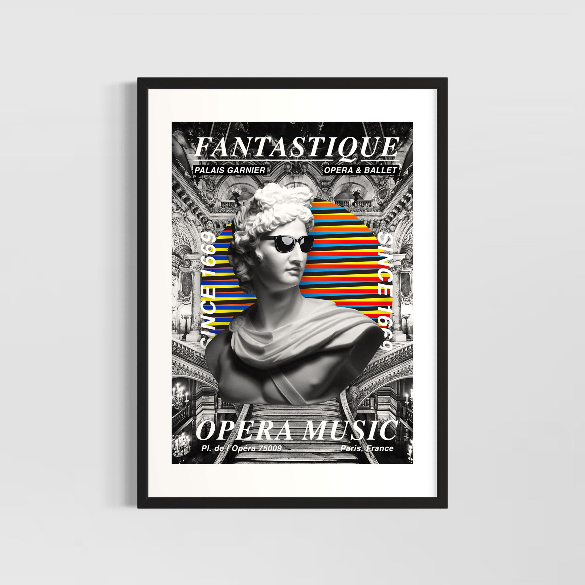 Opera Wall Art Print featuring a stylish statue with sunglasses and vibrant modern graphics.
