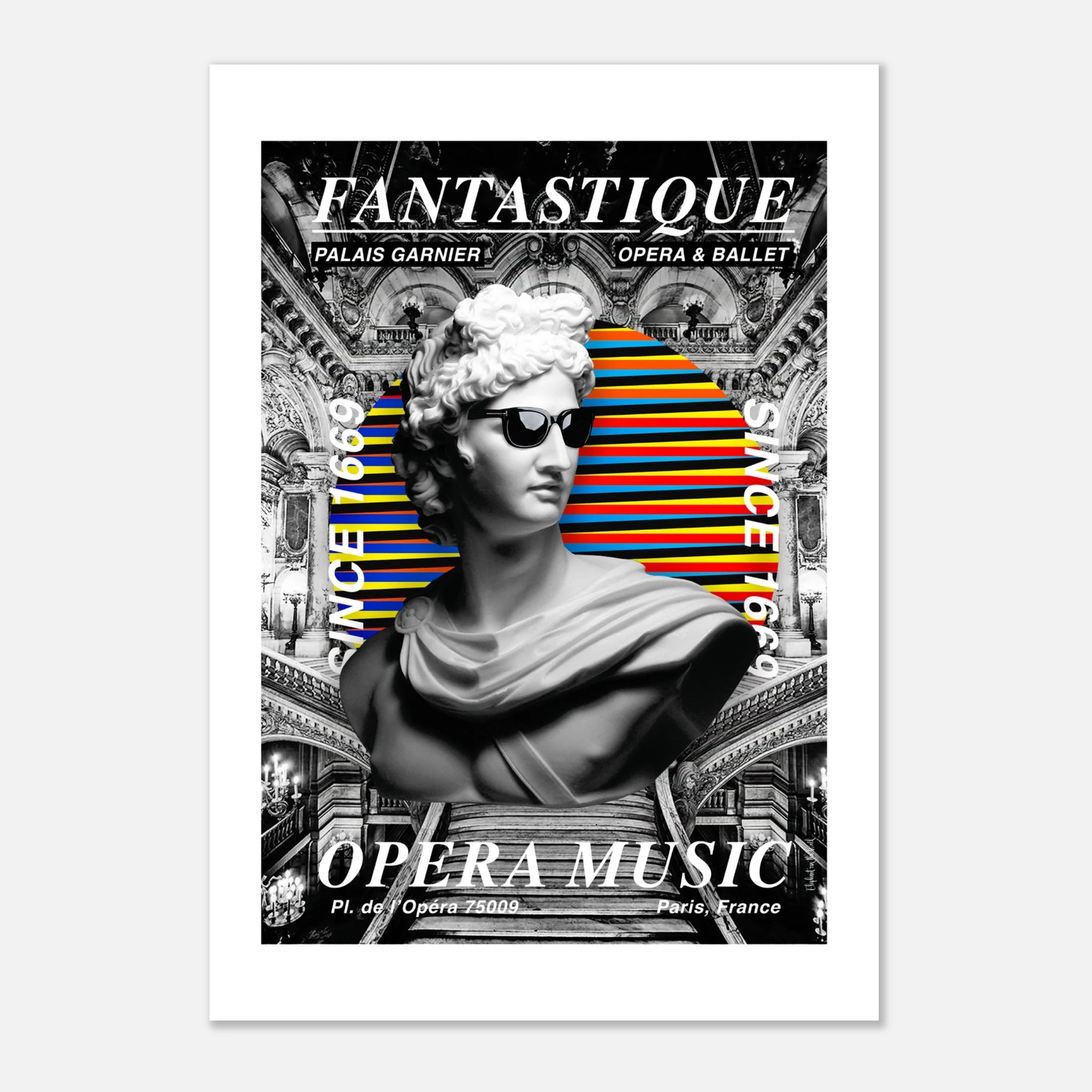 Opera Wall Art Print featuring a striking abstract design with a classical statue and vibrant colors.