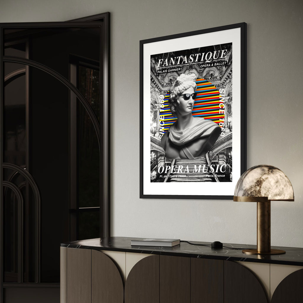 Opera Wall Art Print featuring vibrant graphics, combining ancient art and modern design in a stylish interior setting.
