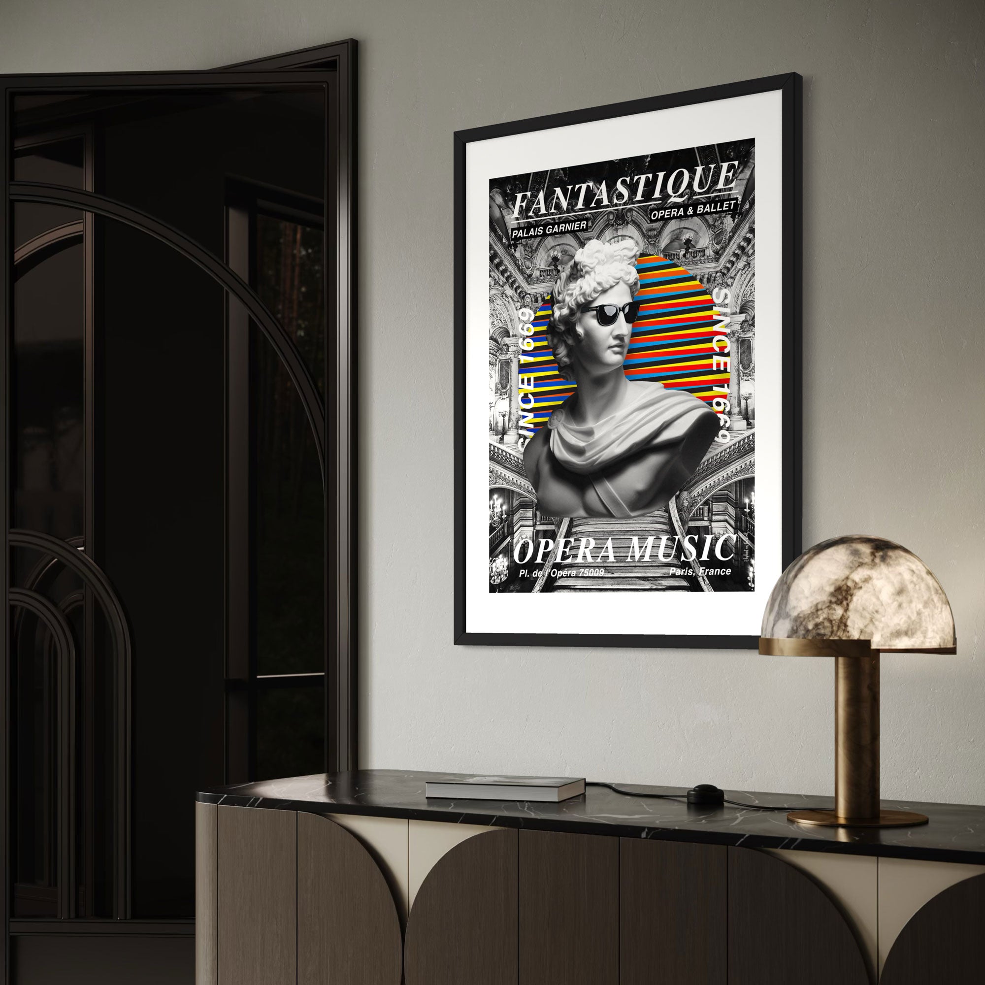 Opera Wall Art Print featuring vibrant graphics, combining ancient art and modern design in a stylish interior setting.