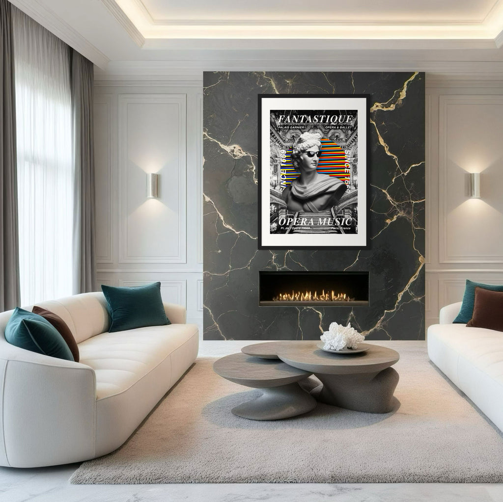 Opera Wall Art Print displayed in a modern living room with elegant decor and dark marble accent wall.