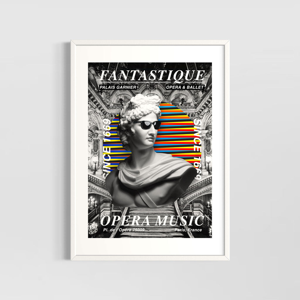 Opera Wall Art Print featuring a modern artistic interpretation of a classic statue with vibrant colors.