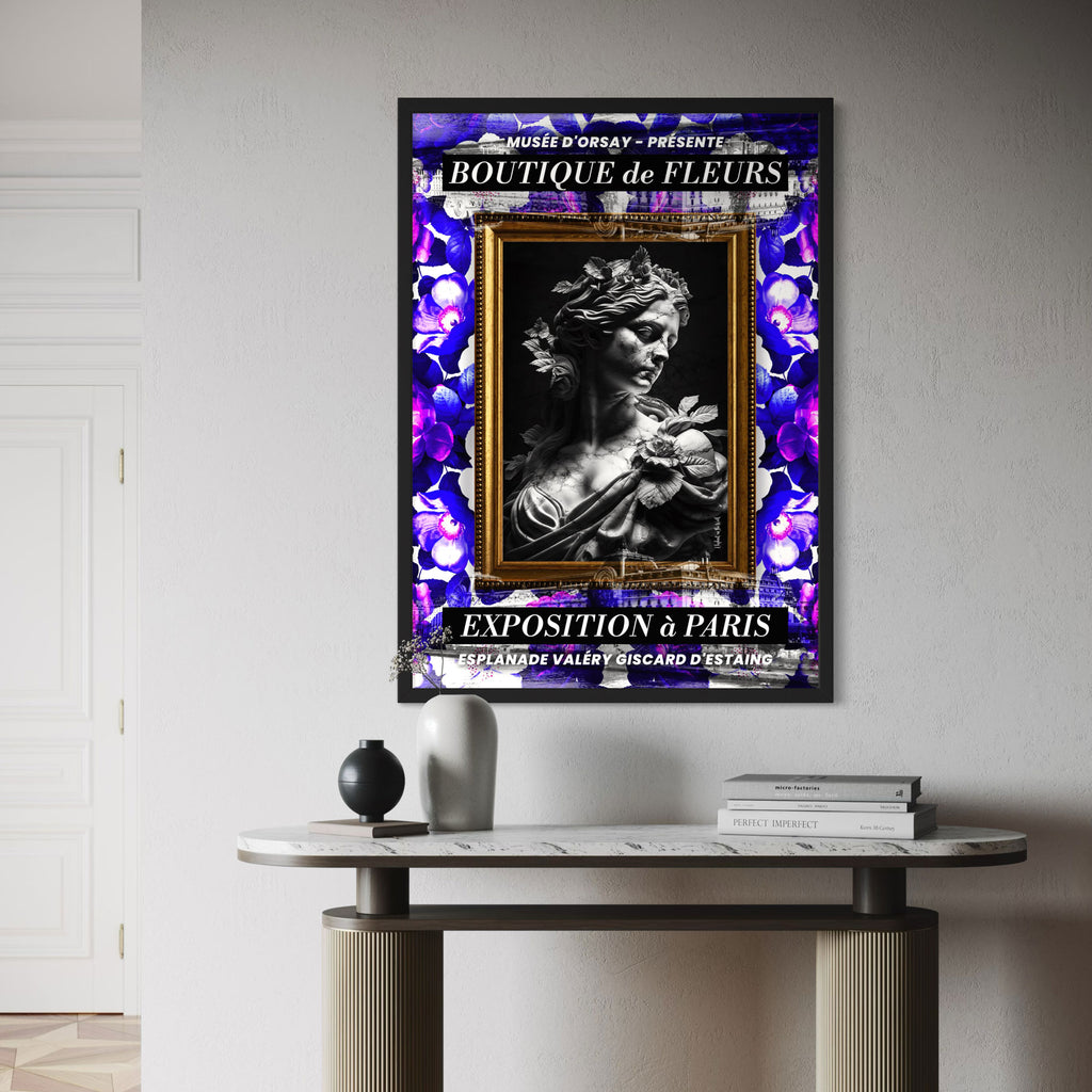 Orsay Wall Art Print featuring floral motifs and a sculpture design, framed elegantly in a stylish interior.