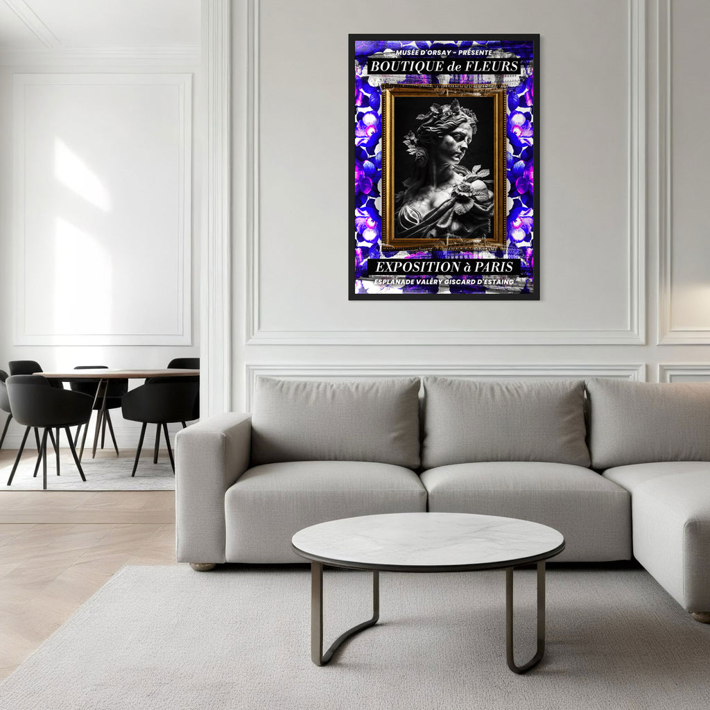 Orsay Wall Art Print featuring floral motifs and sculpture in an elegant living room setting.