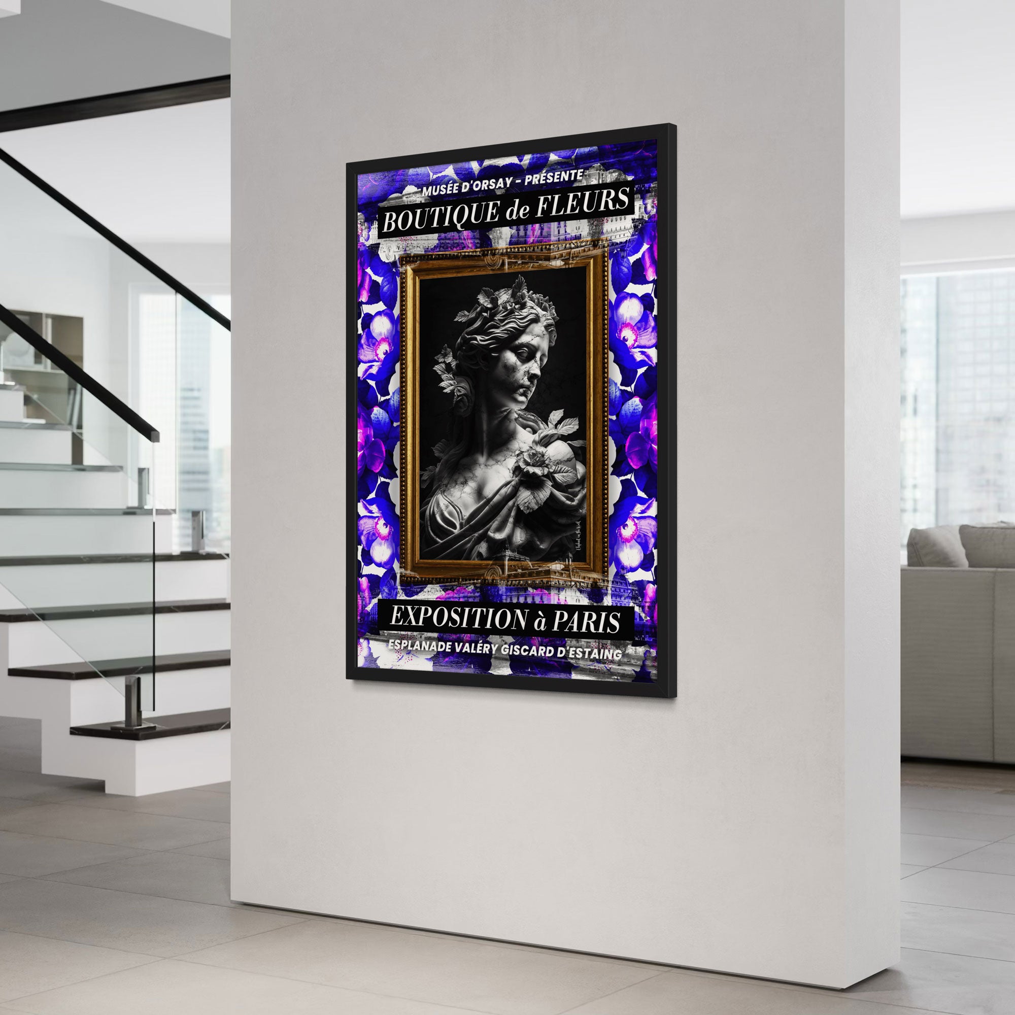 Orsay Wall Art Print featuring a floral motif and sculpture in a stylish interior setting.