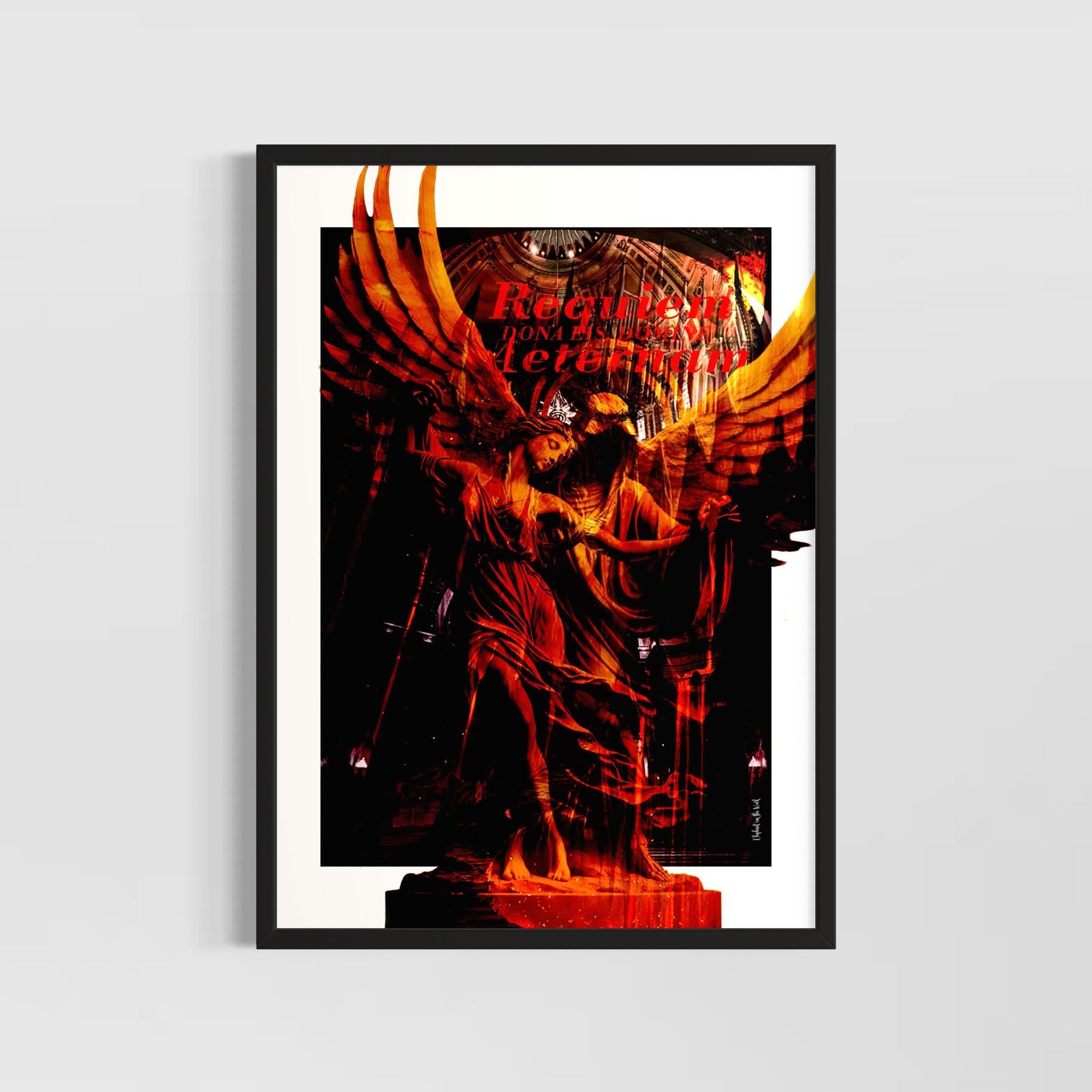 Wings of Fire Wall Art Print featuring a luminous angel in fiery hues