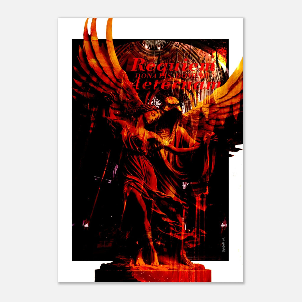 Wings of Fire Wall Art Print featuring a luminous angel with fiery hues and dramatic wings.
